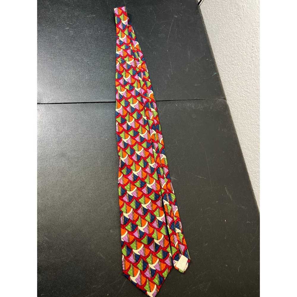 Valentino Rudy Italy Silk Tie Geometric Fan Pattern Multicolor Red Blue Green